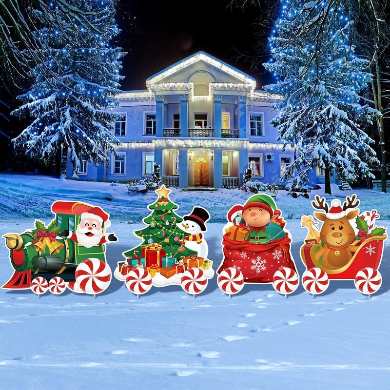 Marsui 4 Pieces Christmas Train Decorations Outdoor Yard Lawn Signs Christmas Tree Gingerbread Santa Snowman Reindeer Train with 8 Stakes for Xmas Holiday Outside Garden Lawn Yard Decor - Image 1